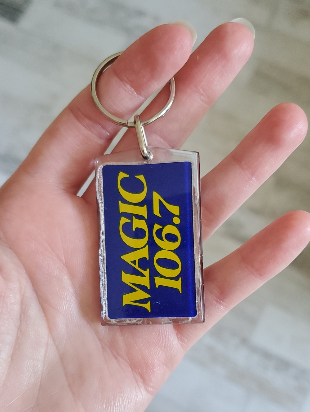 Magic 106.7 Radio Station Logo Blue and Yellow Rectangular Plastic 90s Keychain